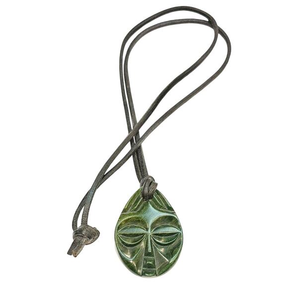 Hand-Carved Verdite Mask Pendant on Leather Cord Necklace | South African Style - Picture 3 of 4